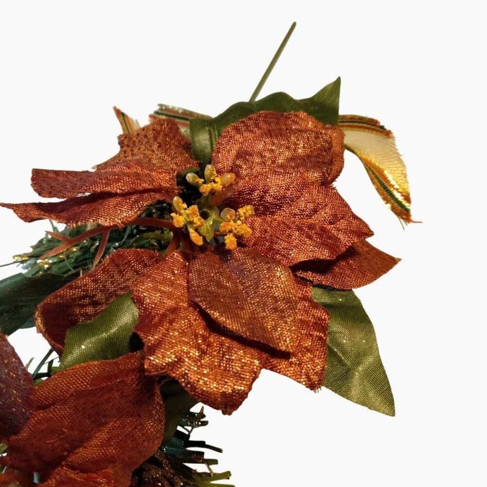 Artificial Red Poinsettia Floral Pick Glitter Gold Ribbon Trim Vtg Christmas